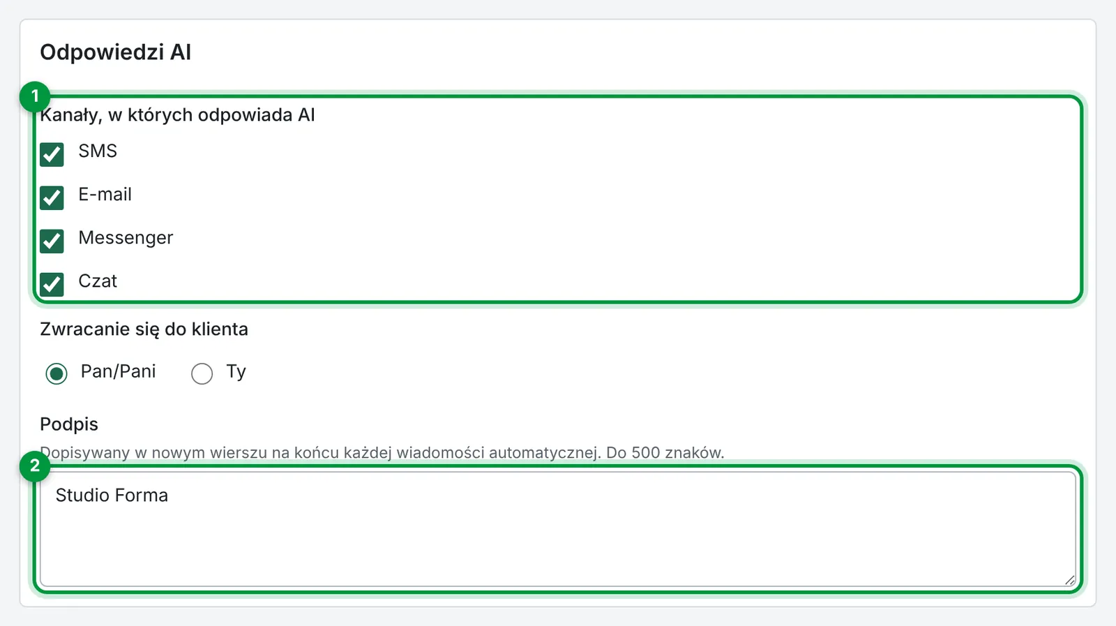 Sekcja Odpowiedzi AI w Regułach odtxt: kanały i podpis