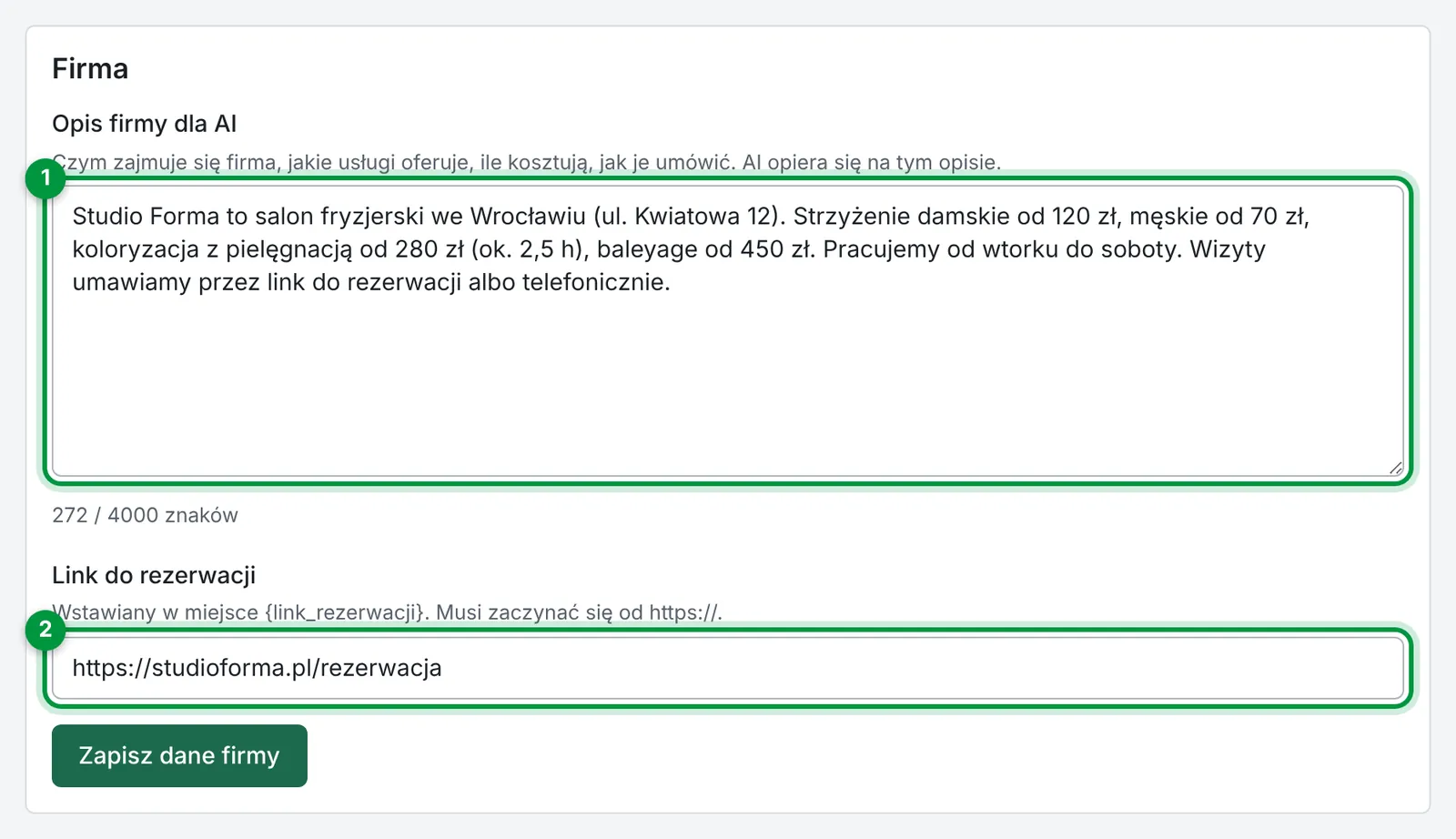 Sekcja Firma w Ustawieniach odtxt: opis firmy dla AI i link do rezerwacji
