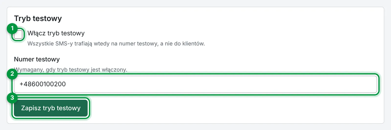 Sekcja Tryb testowy w Ustawieniach odtxt