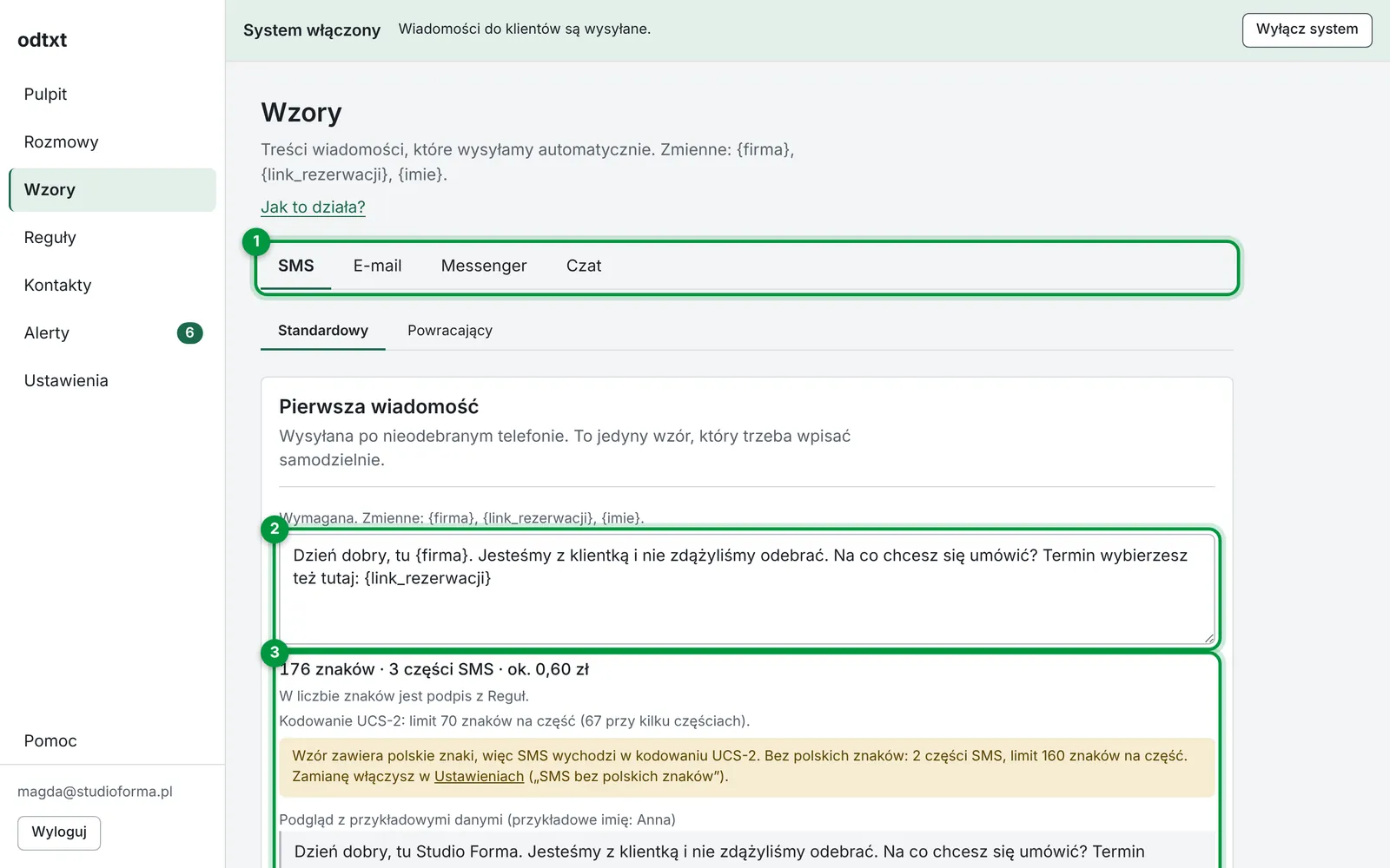 Ekran Wzory w panelu odtxt: zakładki zestawów, pole pierwszej wiadomości i licznik znaków
